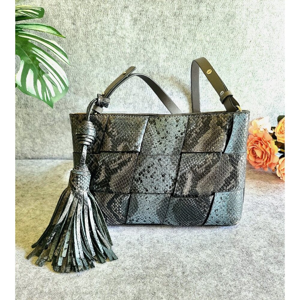 VGUC Vince Camuto Blue and Grey Snakeskin Print Leather Crossbody with Tassel
